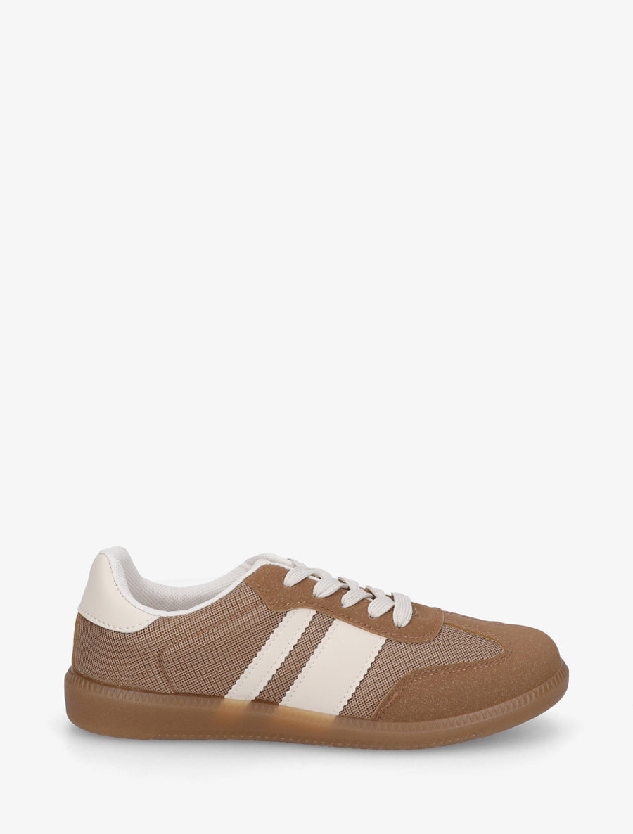 Sneakers plates en tissu à bandes contrastantes - Taupe - 1