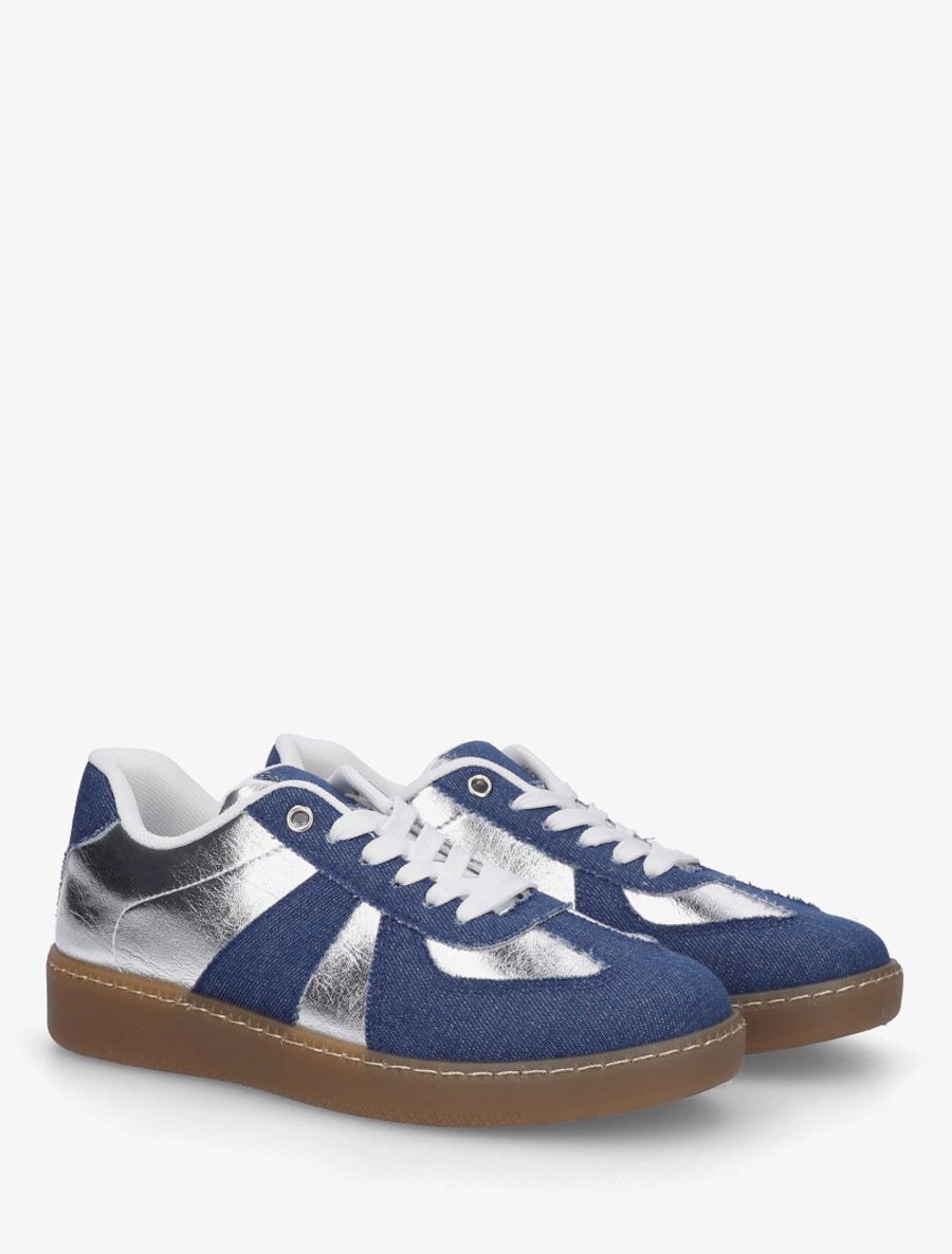 Baskets bi-matière à bout rond - Bleu denim/argent - 4