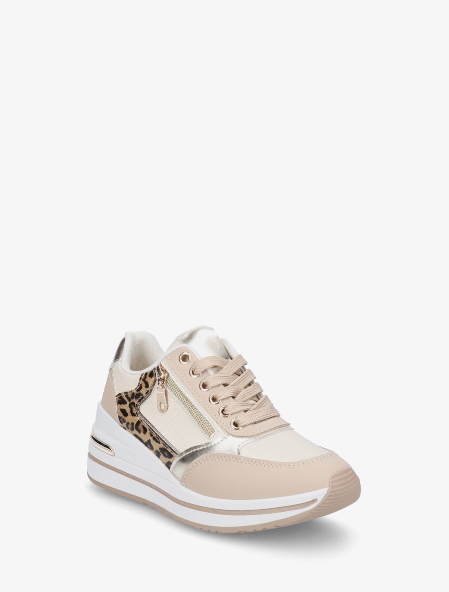 Baskets à plateforme et zip avec empiècement léopard - Beige - 2