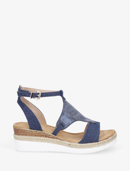 Sandales compensées bi-matière - Bleu denim - 1