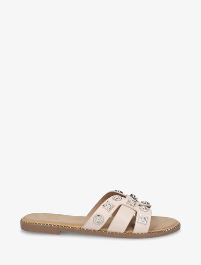 Mules plates en simili à clous fantaisies - Beige - 1