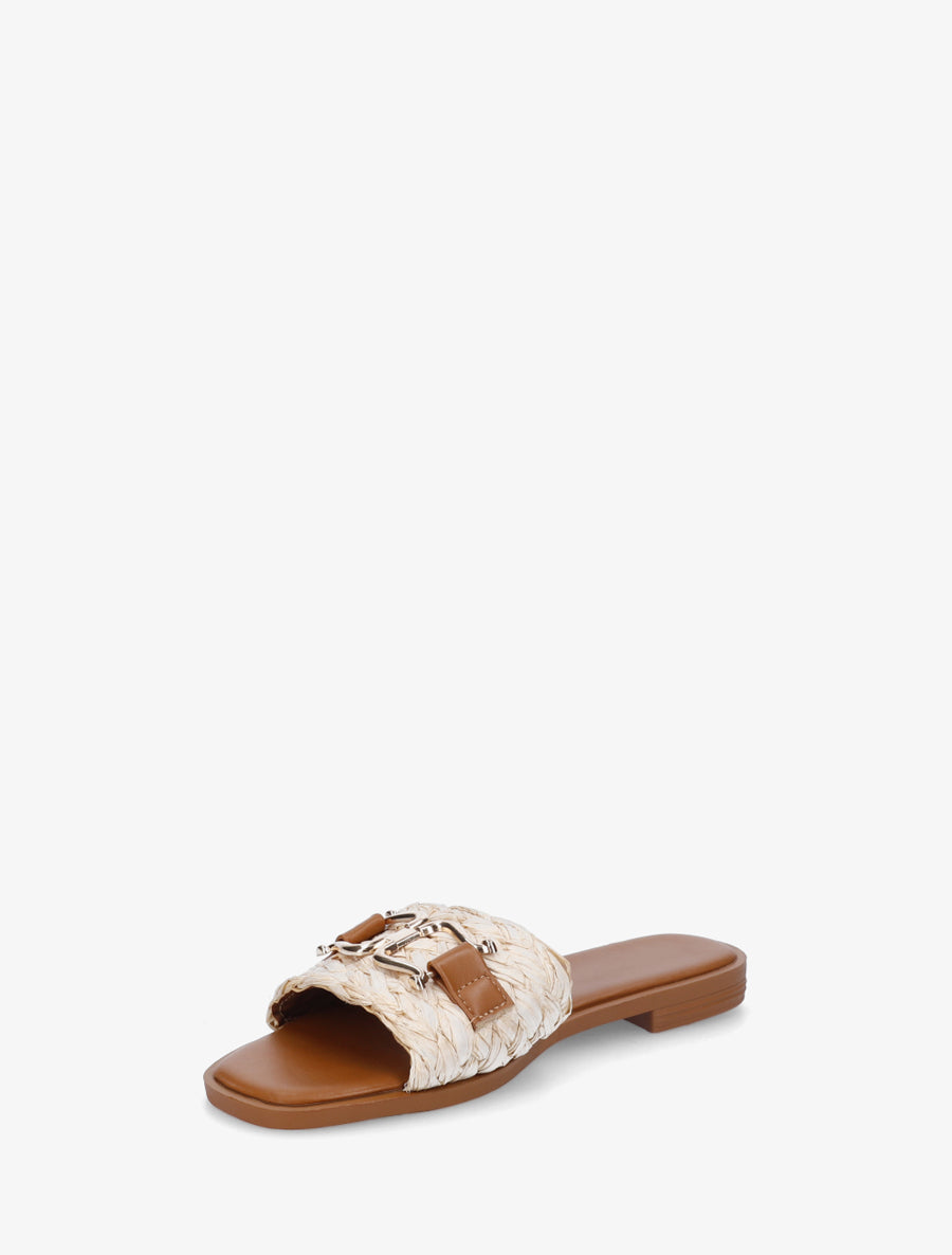 Mules plates en raphia à boucle fantaisie - Beige - 3
