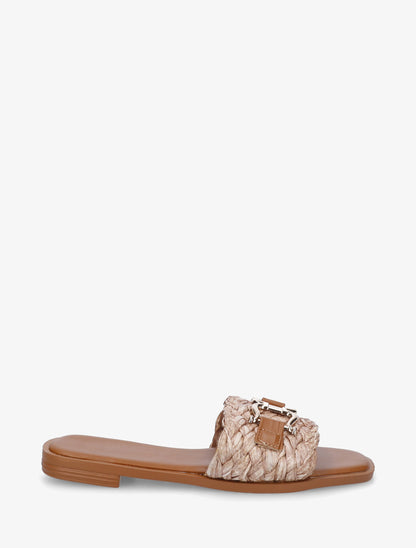 Mules plates en raphia à boucle fantaisie - Taupe - 1