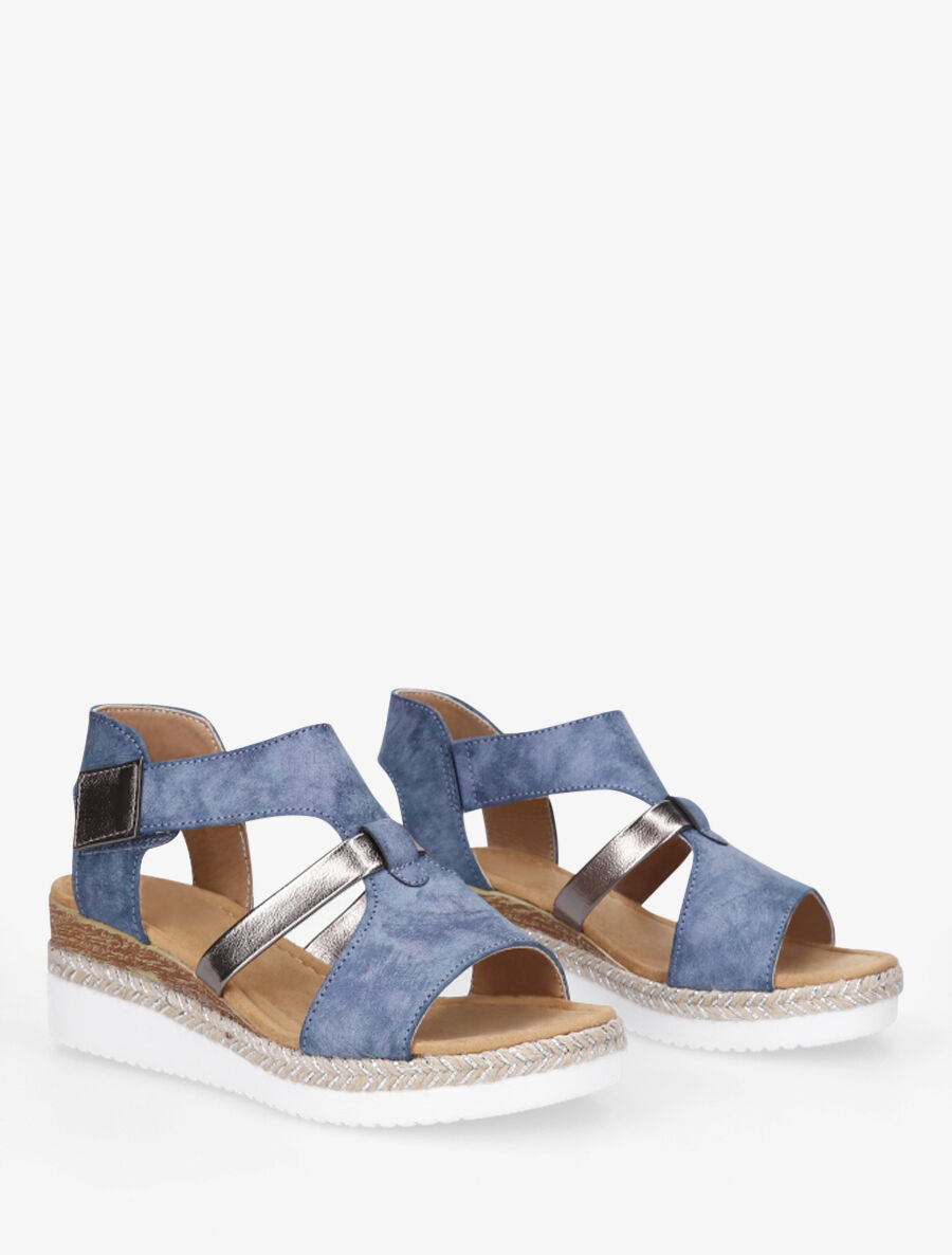 Sandales à scratch compensées en suédine - Bleu - 4