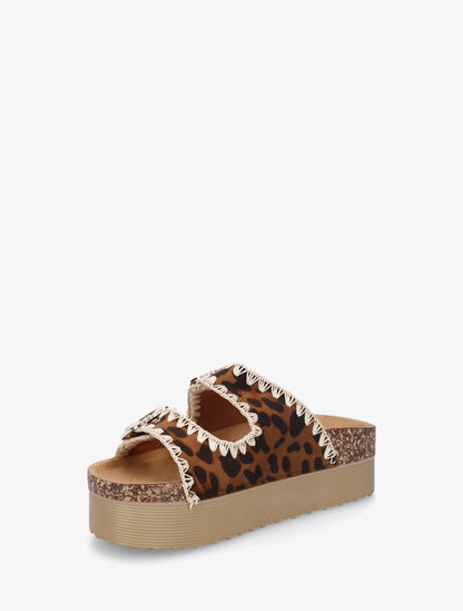 Claquettes léopard à couture en raphia - Camel - 3