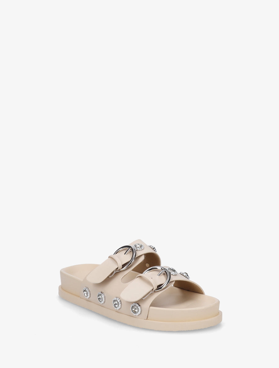 Claquettes en simili à empiècement bijoux strassés - Beige - 2