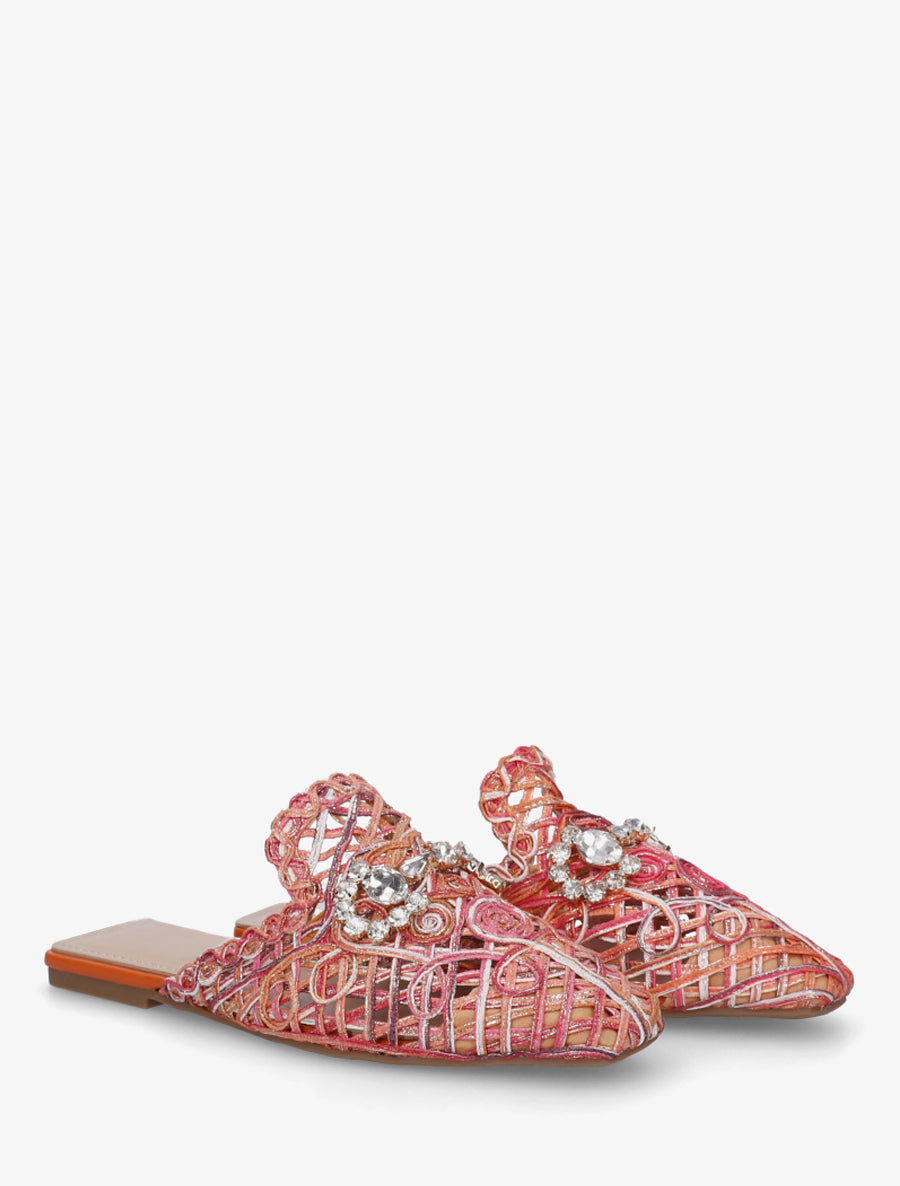 Mules en raphia à bijoux strassés - Orange - 4