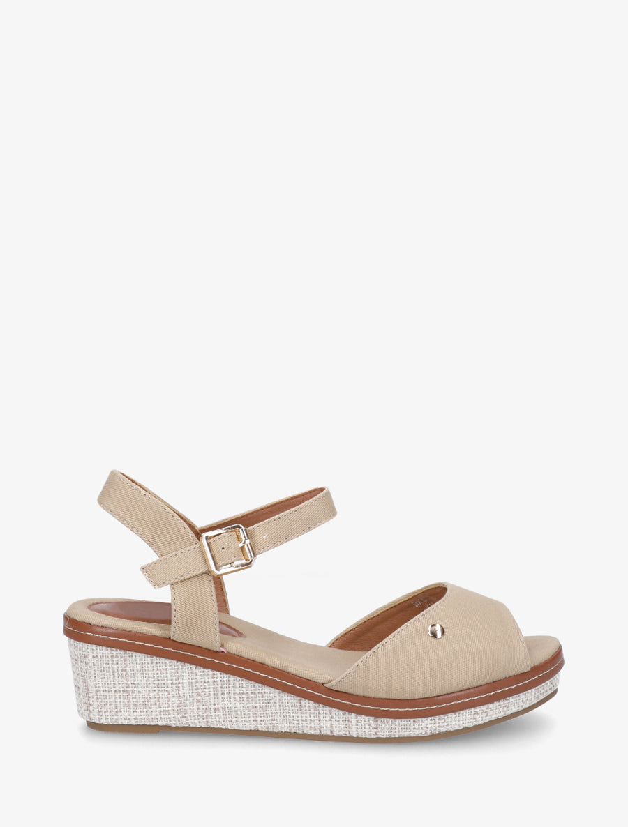 Sandales compensées en tissu - Beige - 1