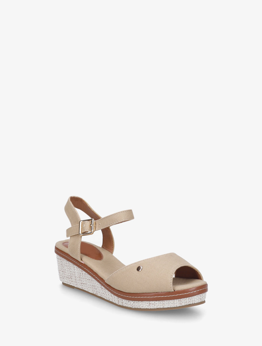 Sandales compensées en tissu - Beige - 2