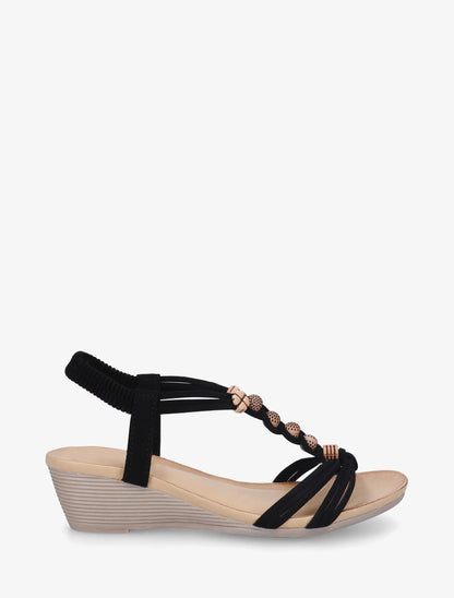 Sandales compensées à perles rondes et motif trèfle - Noir - 1
