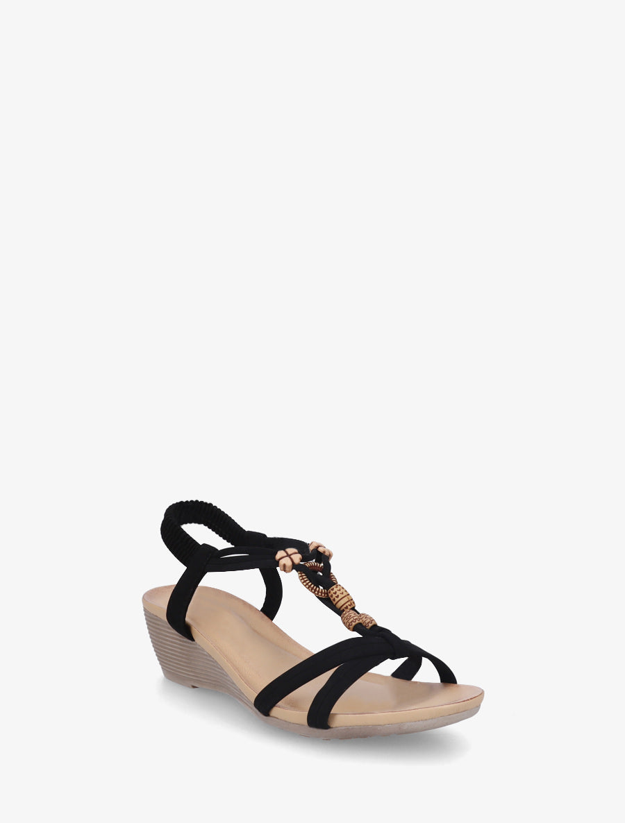 Sandales compensées à perles et bride en T croisée - Noir - 2