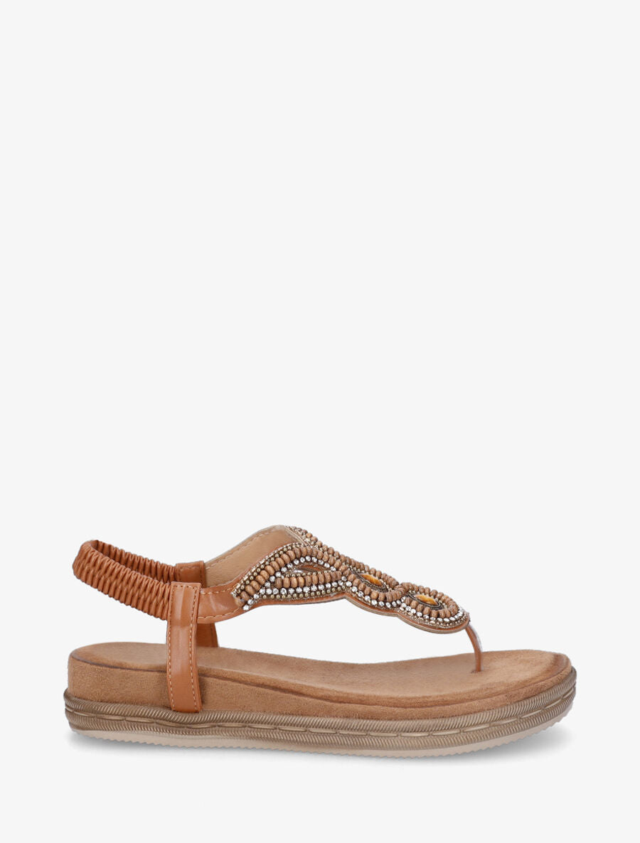 Nu-pieds à entredoigt et empiècement strass et perles - Camel - 5
