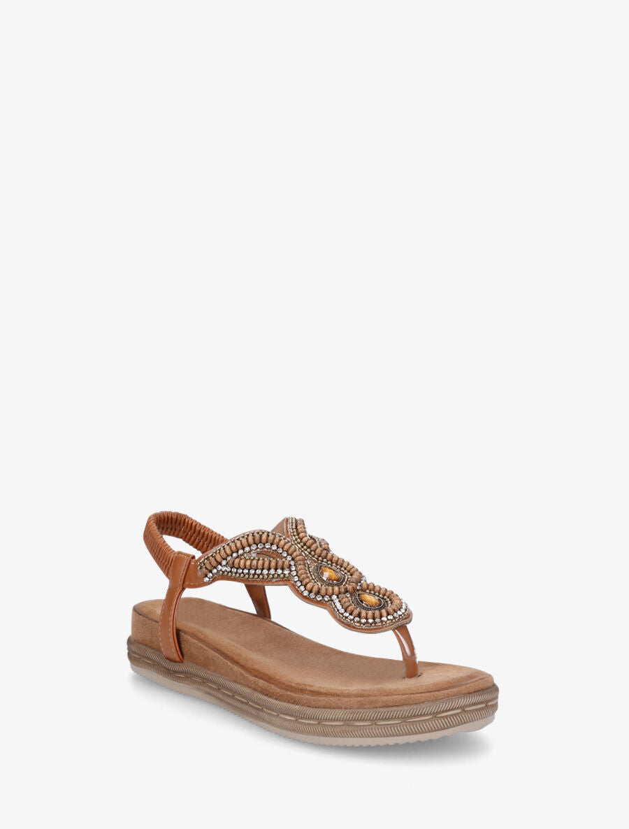 Nu-pieds à entredoigt et empiècement strass et perles - Camel - 2