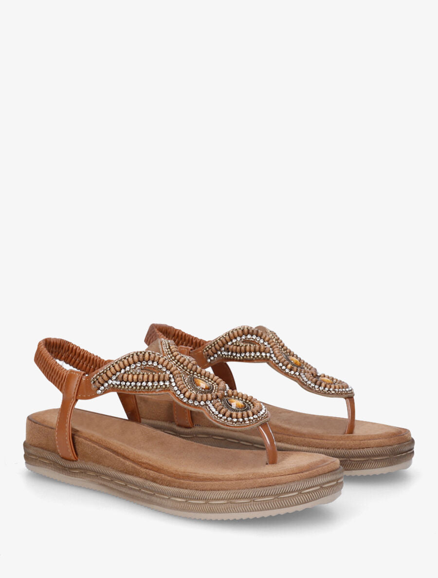 Nu-pieds à entredoigt et empiècement strass et perles - Camel - 4