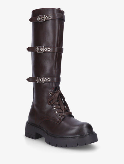 Bottes en simili à triple sangles - Marron - 2