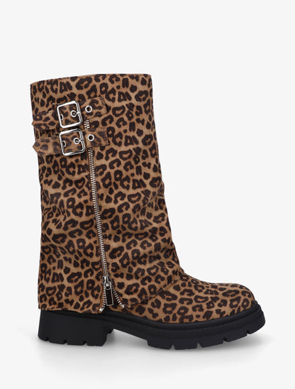 Bottes léopard à revers et double boucles - Camel - 1