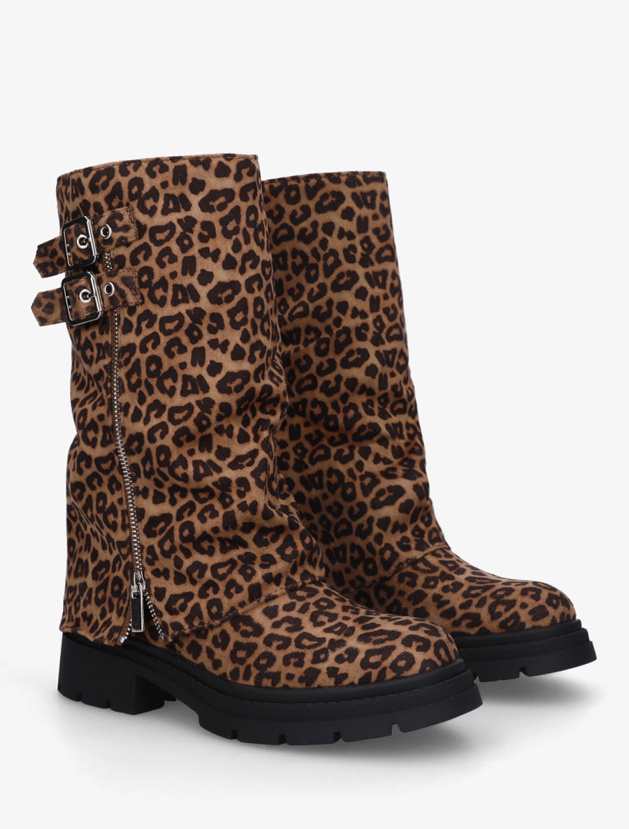 Bottes léopard à revers et double boucles - Camel - 4
