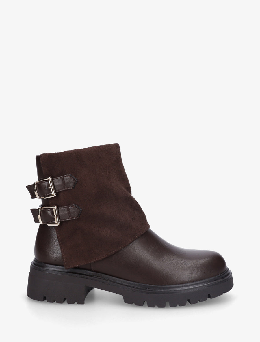 Boots bi-matière à revers et boucles - Marron - 1