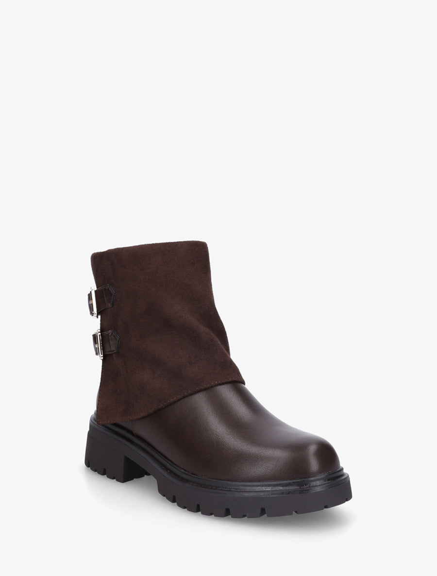 Boots bi-matière à revers et boucles - Marron - 2