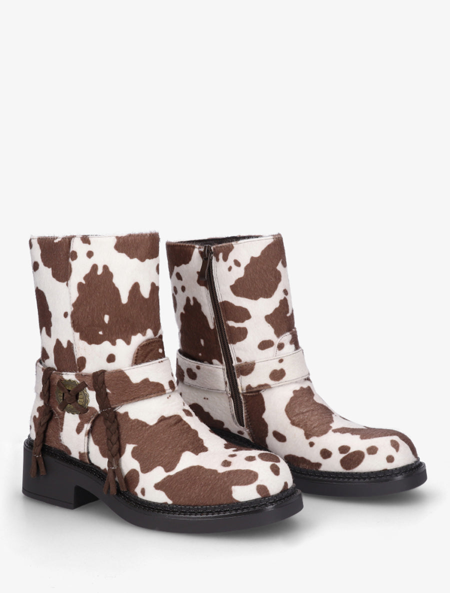 Bottines en suédine imprimé vache à détail tressé - Beige - 4