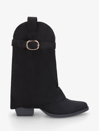 Bottines en suédine à revers et ceinturon - Noir - 1