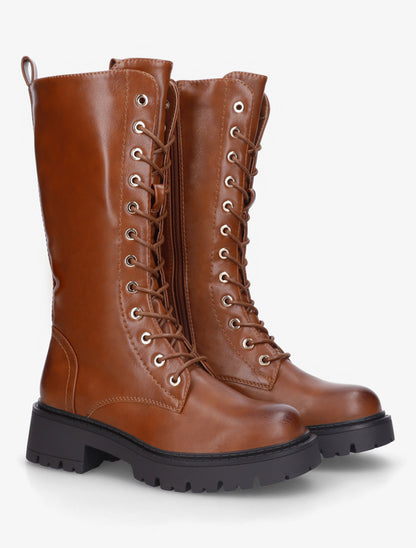 Bottines montantes en simili à lacets - Camel - 4