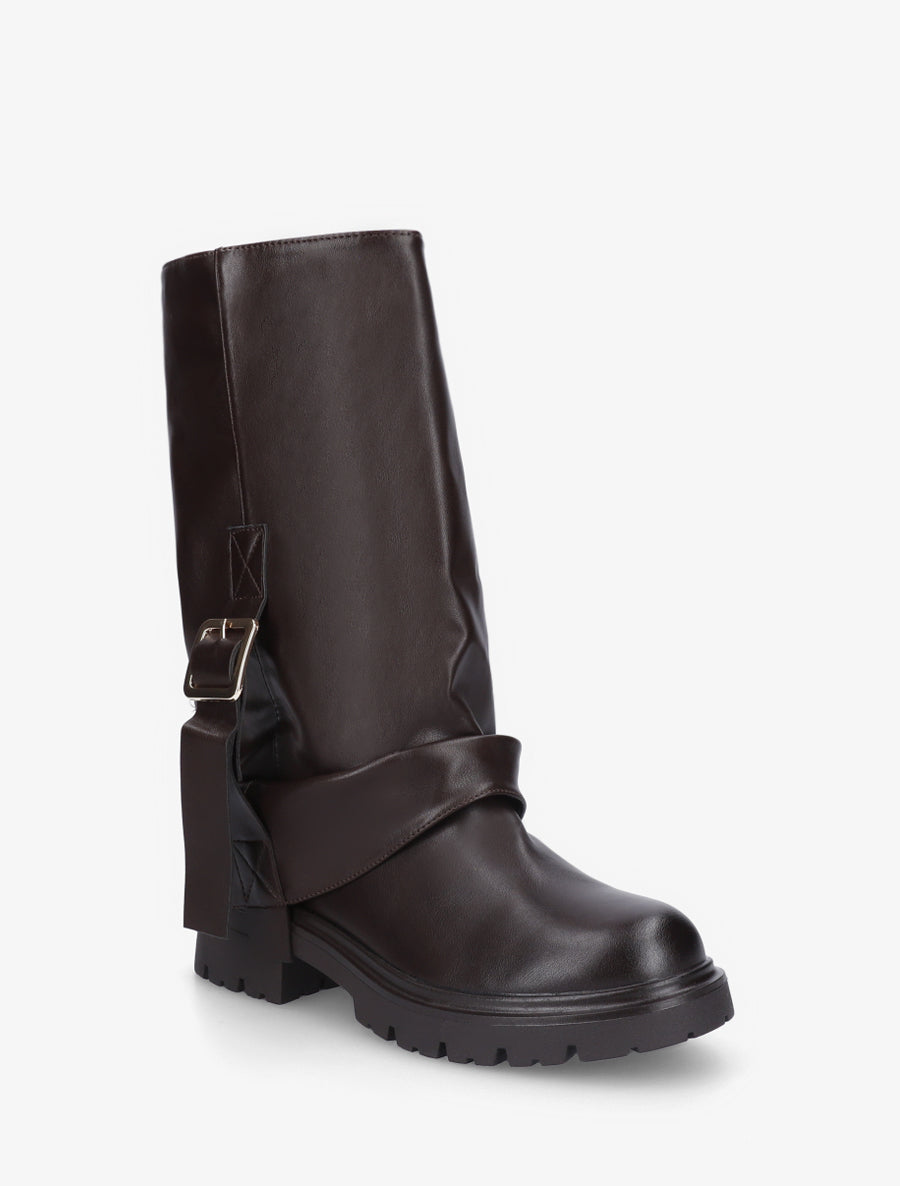 Bottines à revers et sanglées en simili - Marron - 2