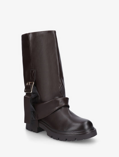 Bottines à revers et sanglées en simili - Marron - 2