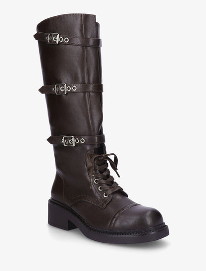 Bottes à lacets et triple sangles en simili - Marron - 2