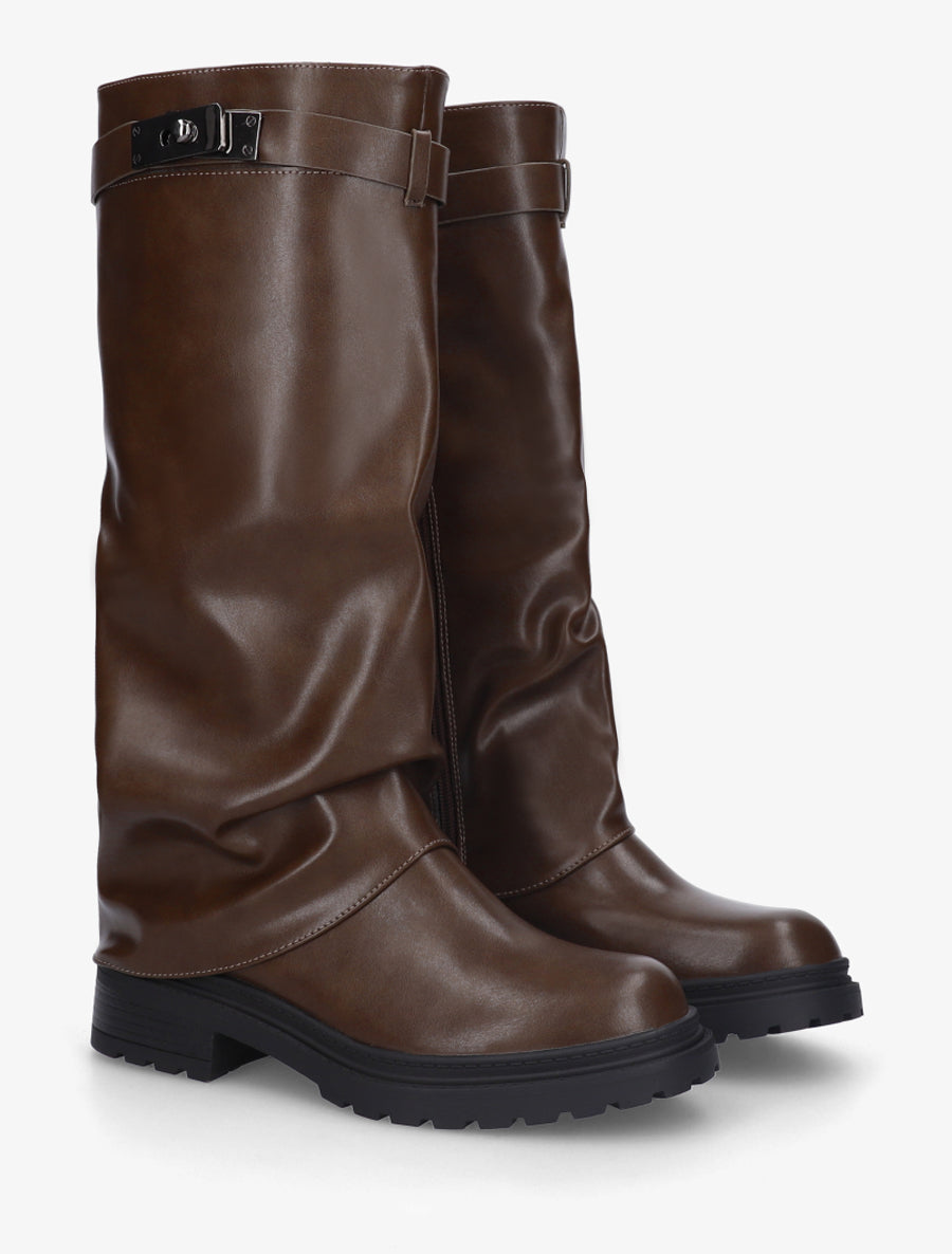 Bottes à revers en simili - Marron - 4