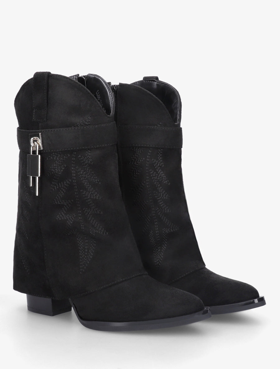 Bottines style santiags brodées à cadenas - Noir - 4