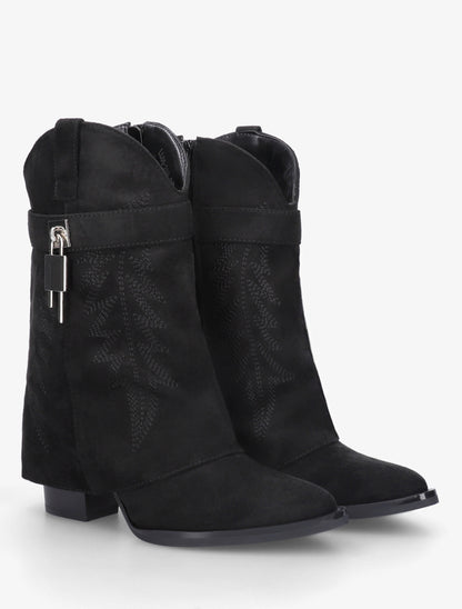 Bottines style santiags brodées à cadenas - Noir - 4