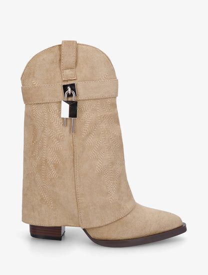 Bottines style santiags brodées à cadenas - Taupe - 1