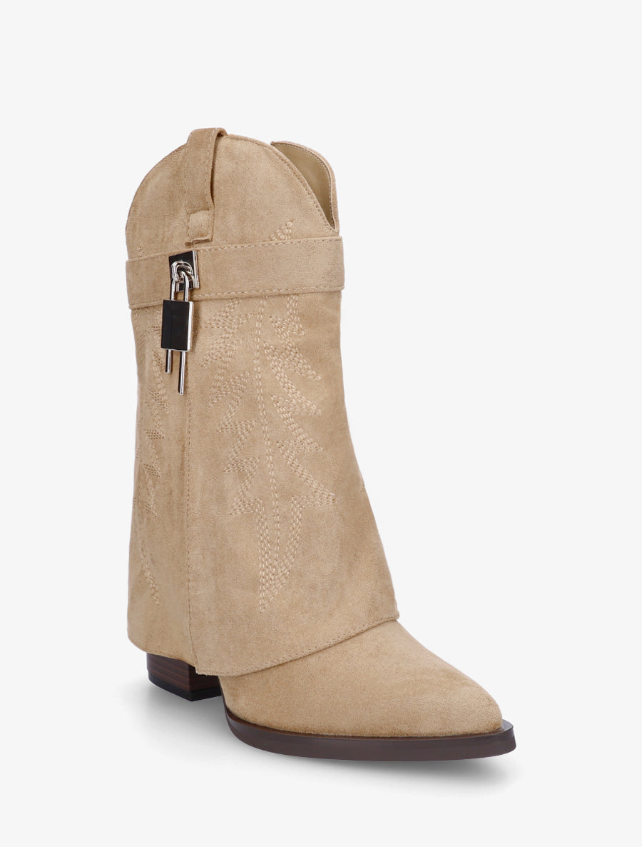 Bottines style santiags brodées à cadenas - Taupe - 2