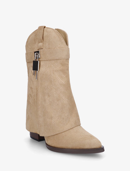 Bottines style santiags brodées à cadenas - Taupe - 2