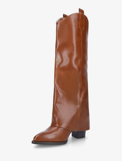 Bottes à talon et revers en simili - Camel - 3