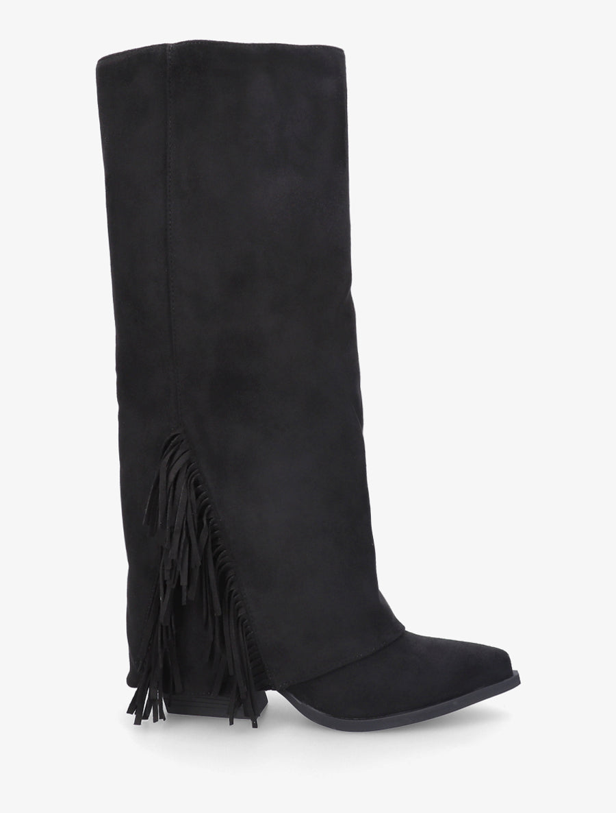 Bottes à franges et revers en suédine - Noir - 1