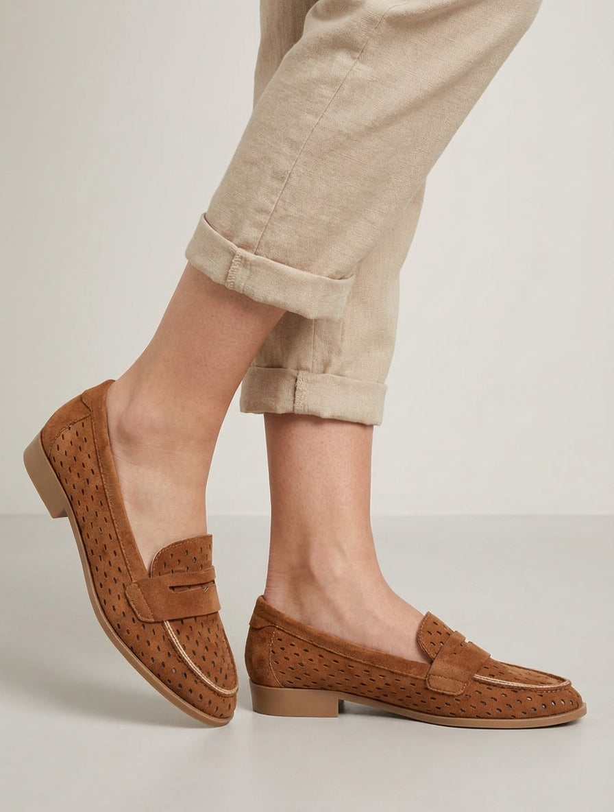 Mocasines calados de ante - Camello