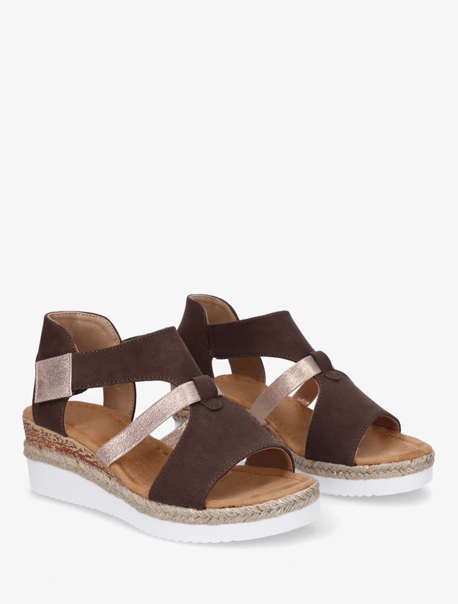 Sandales à scratch et talon compensé - Marron - 4