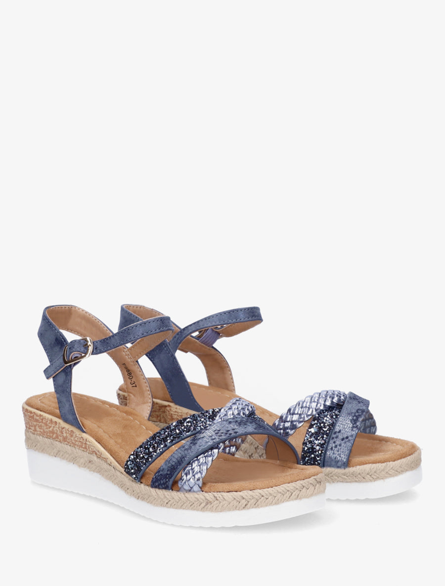 Sandales compensées à brides fantaisies pailletées - Marine - 4