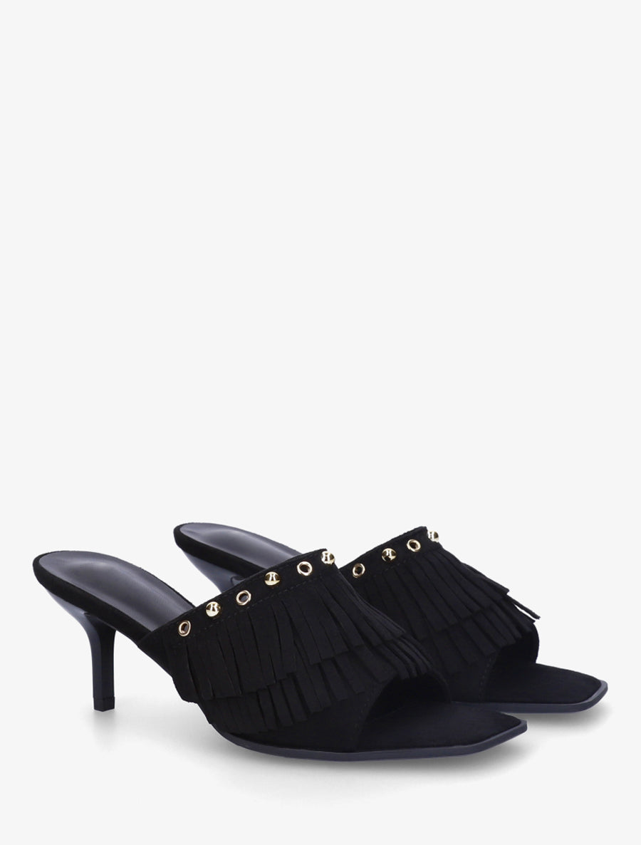 Mules en suédine à franges et clous - Noir - 4
