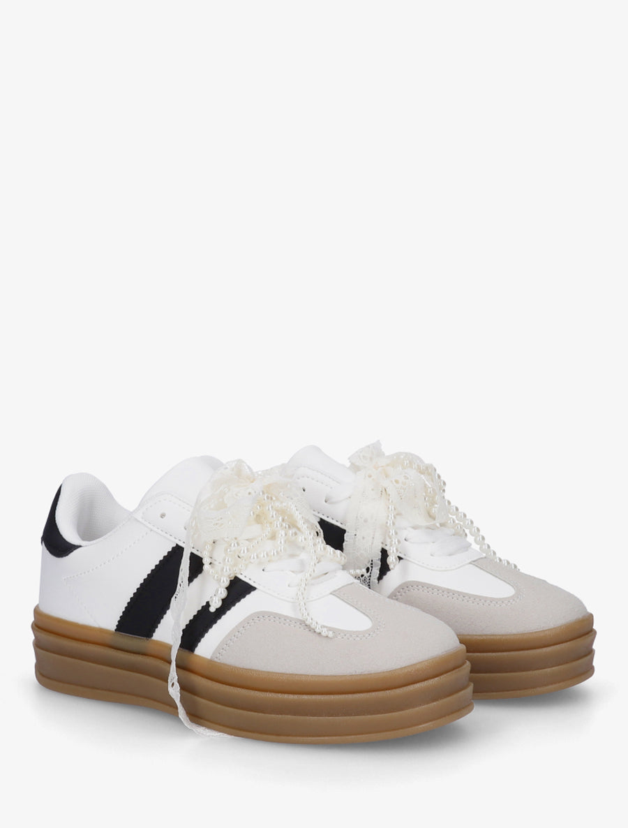 Sneakers effet nubuck à lacets stylisés - Blanc - 4