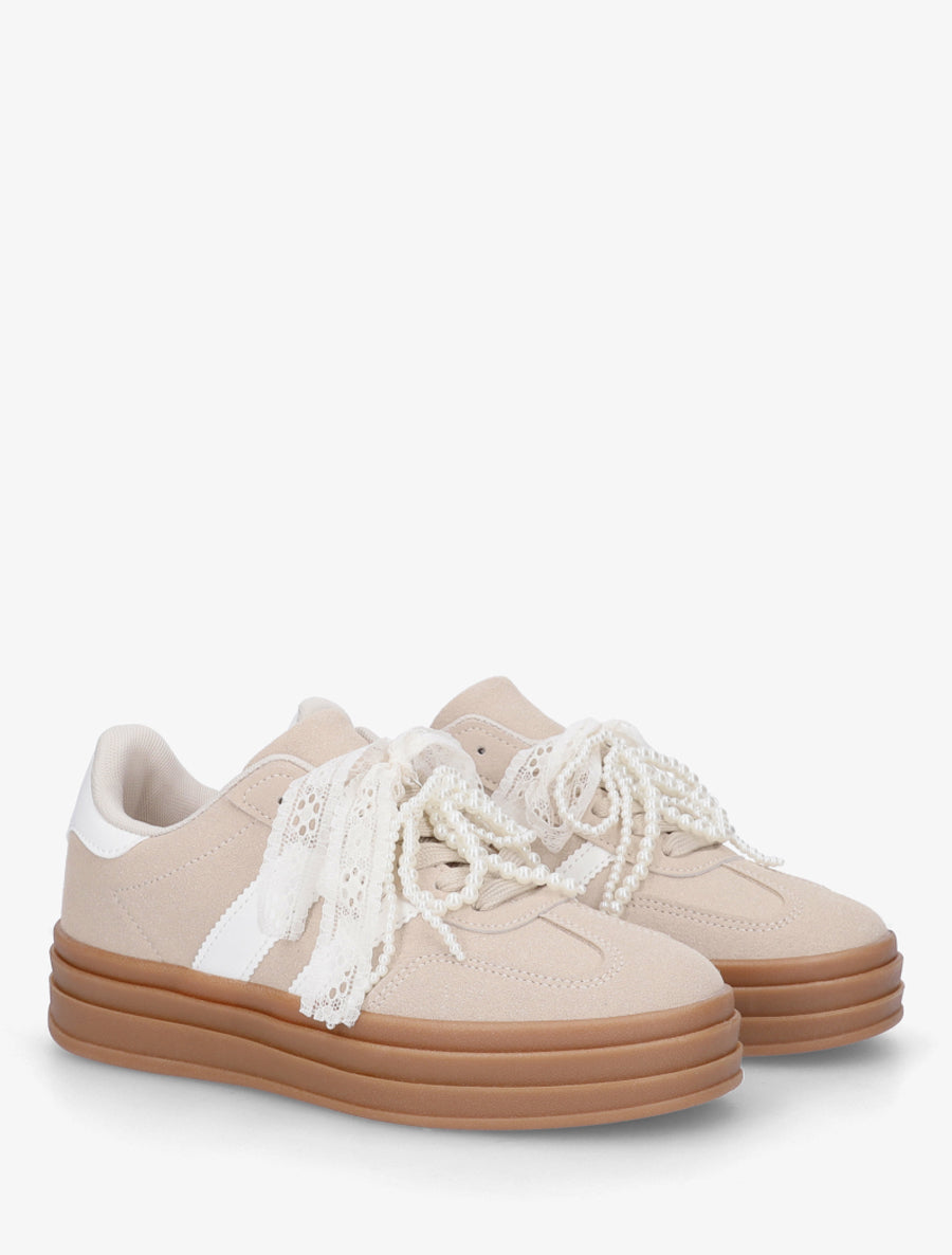 Sneakers effet nubuck à lacets stylisés - Beige - 4