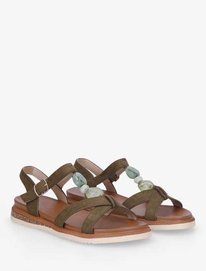Nu-pieds en suédine à empiècement bijoux pierres - Kaki - 4