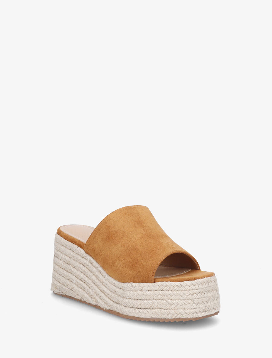 Mules compensées en suédine - Camel - 2