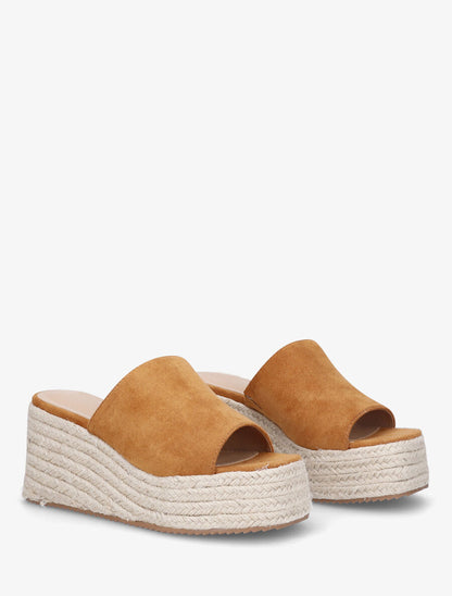 Mules compensées en suédine - Camel - 4