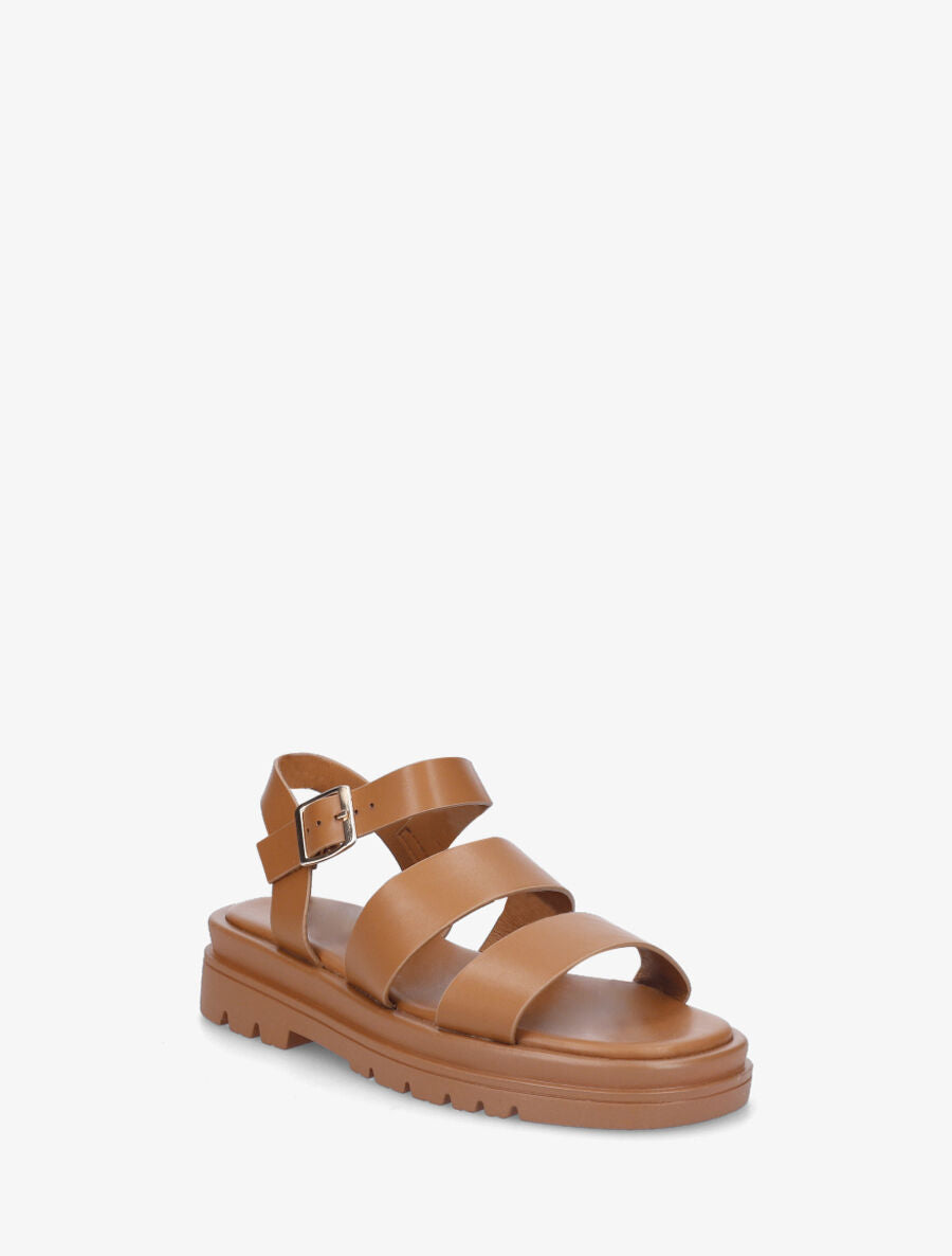 Sandales plates double brides en simili - Camel - 2
