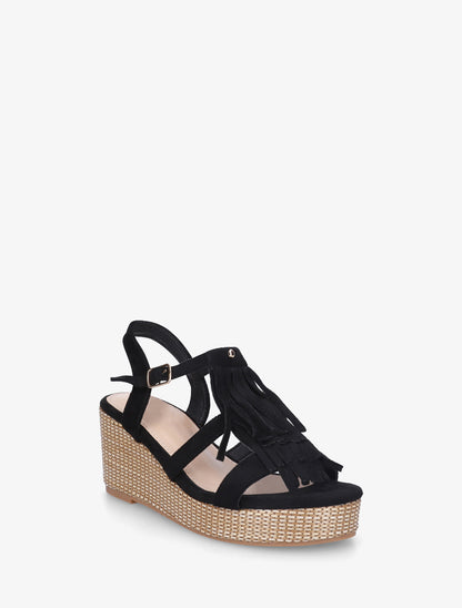 Sandales compensées à franges - Noir - 2