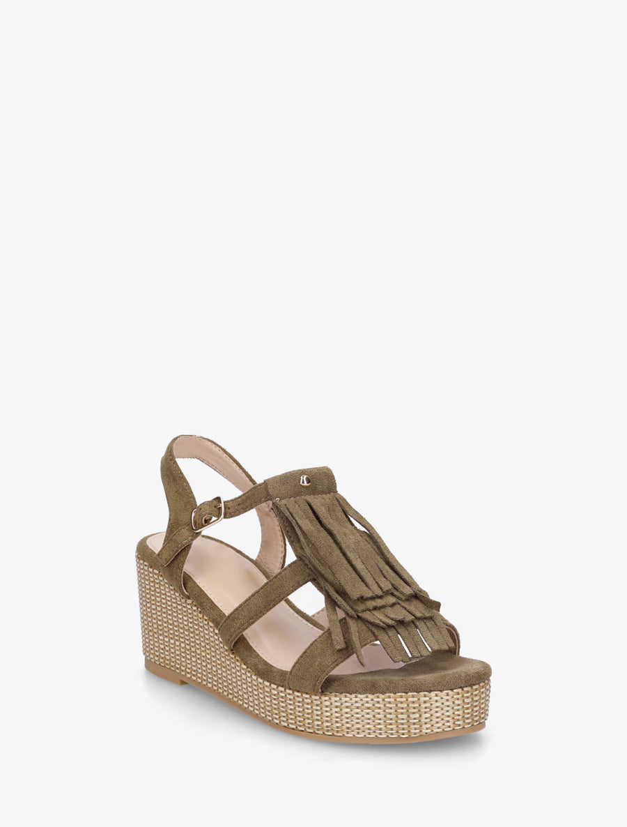 Sandales compensées à franges - Kaki - 2