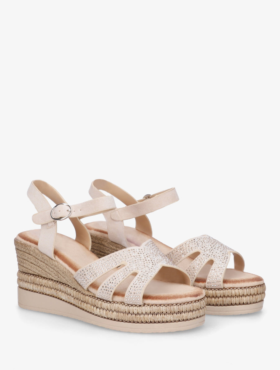 Sandales talon compensé à bride strassée - Beige - 4